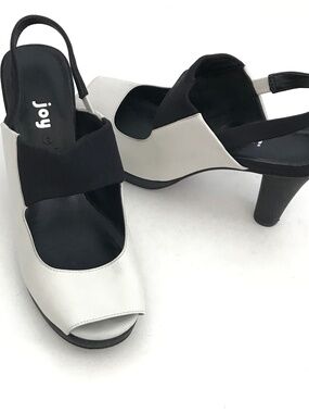 ANTHROPOLOGIE JOY CHEN Peep Toe Leather Heels Black White Women’s Size 9